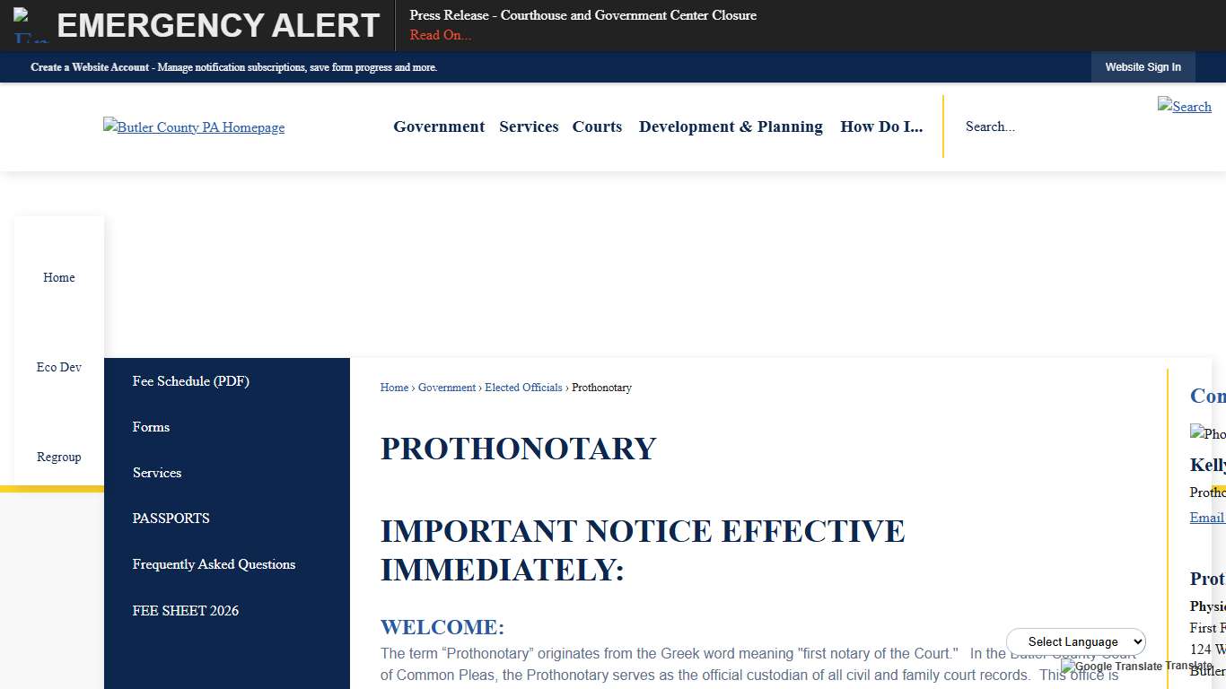 Prothonotary Butler County, PA